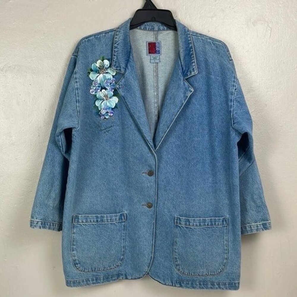 Vtg 90s SunBelt Painted Jean Blazer Large denim floral long signed